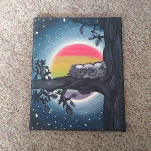 Hand painted! Birds nest with colored moon in background!